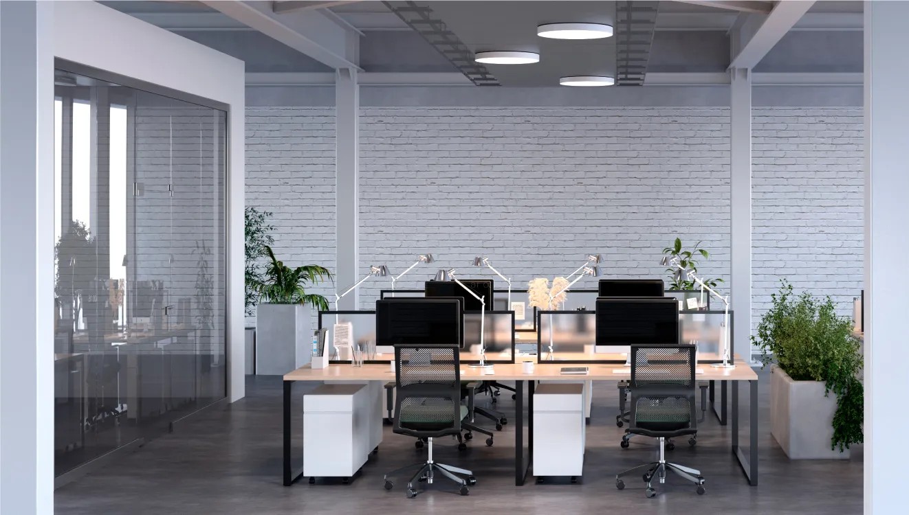Modern office interior with unique lighting